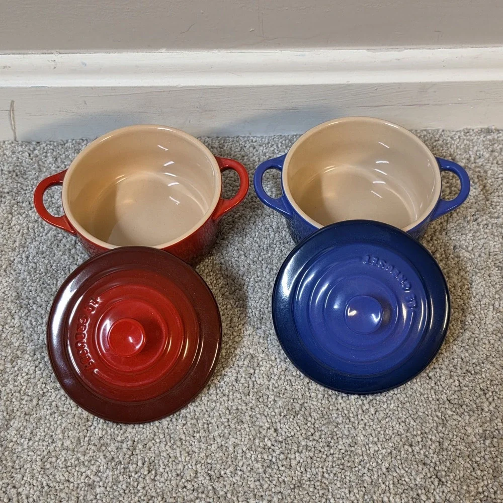 Le Creuset Mini Cocotte Set of 2 Red Blue Stoneware Lidded‎ Bakers 8 oz